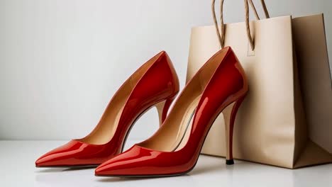 a pair of shiny red high heels next to a shopping bag