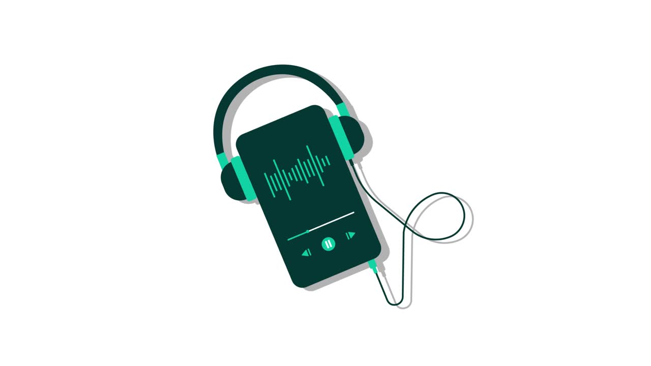 Illustrazione animata di smartphone e cuffie che riproducono musica