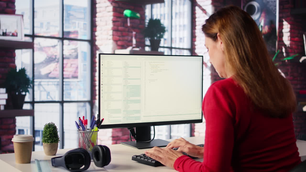 Woman Coding at Desk in Office