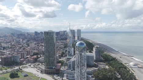 cinematic daytime drone footage of batumi skyline and skyscrapers.