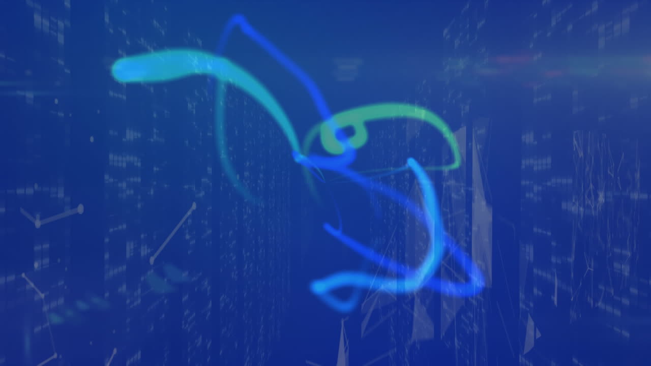 파란색 배경에 흐르는 빛의 길과 연결의 네트워크