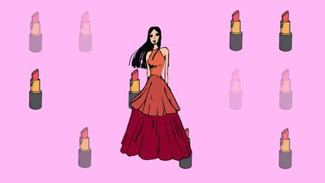 animación de lápiz labial sobre modelo femenino en vestido sobre fondo rosa