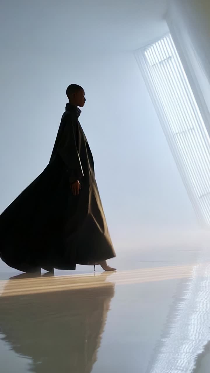 A Model Walks Elegantly in a Flowing Black Garment Highlighted by Soft Light and Modern Architecture, Capturing the Essence of Fashion Runway Aesthetics