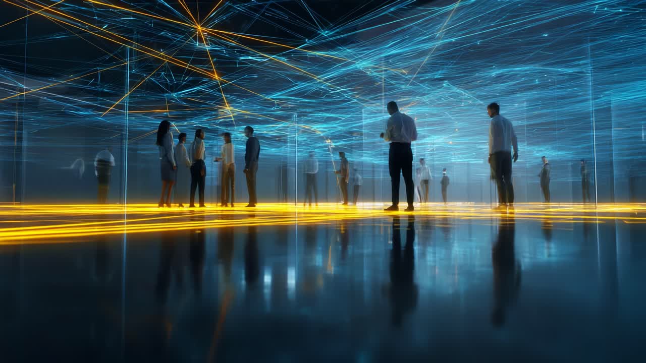 Futuristic digital space showcasing silhouettes of individuals amidst vibrant blue and orange light streams, creating an atmosphere of innovation, technology, and interaction