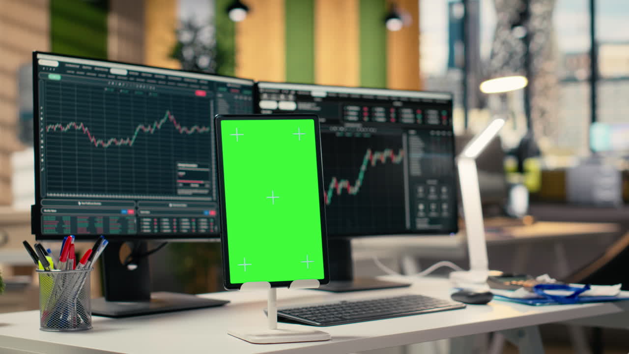 Close up of isolated screen tablet displaying stock market graphs in office