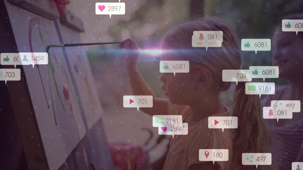 Child painting on canvas with social media notifications overlay animation