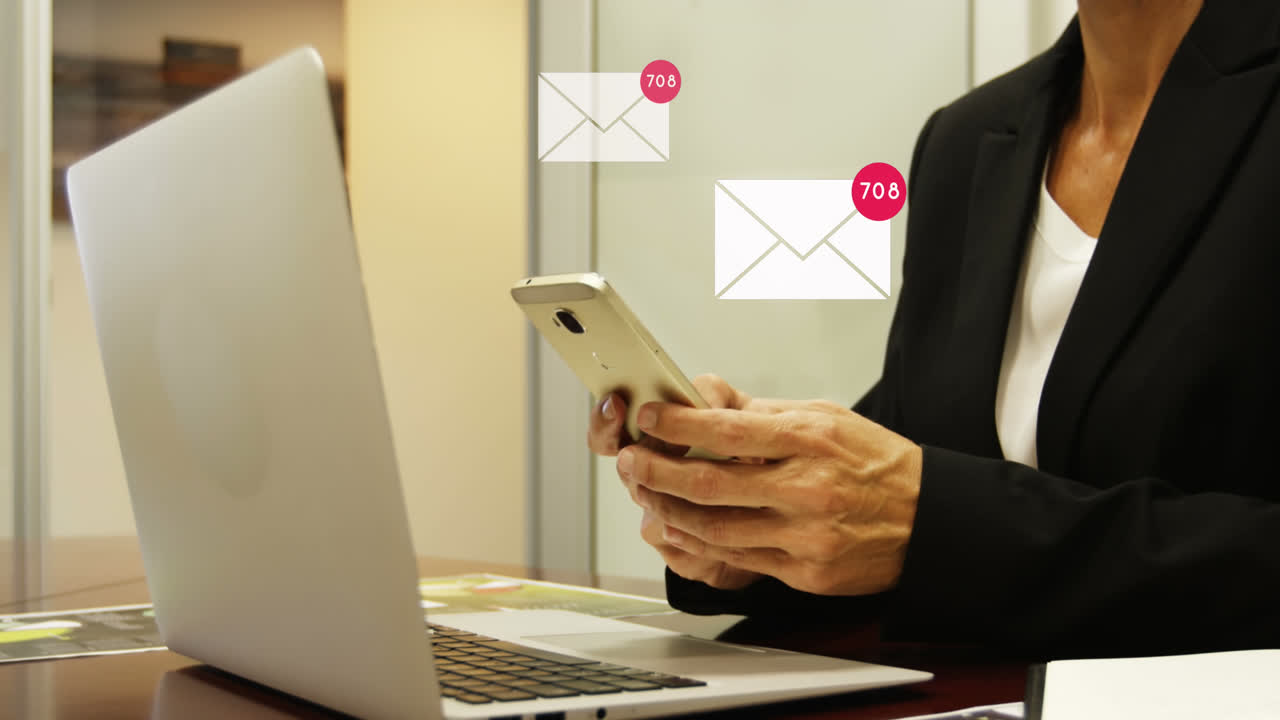 Animation of icons and numbers over woman using smartphone and laptop