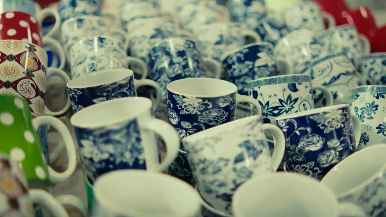Zoom in shot on blue and white patterned ceramic cups arranged together, highlighting decorative design and household objects