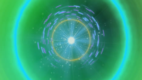 Animation of circular pattern glowing with light beams on green background