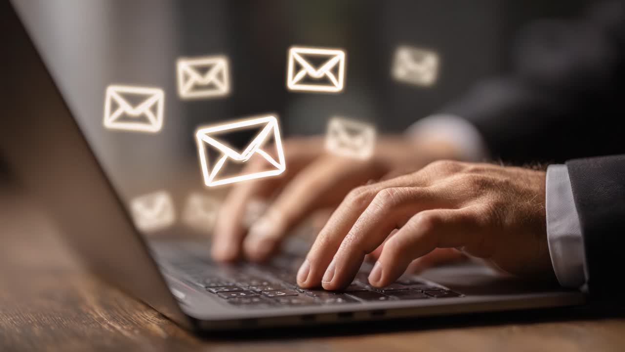 A Professional Engaged in Email Communication: Illustrating the Dynamic Exchange of Digital Messages Through Hands Typing on a Laptop with Floating Email Icons