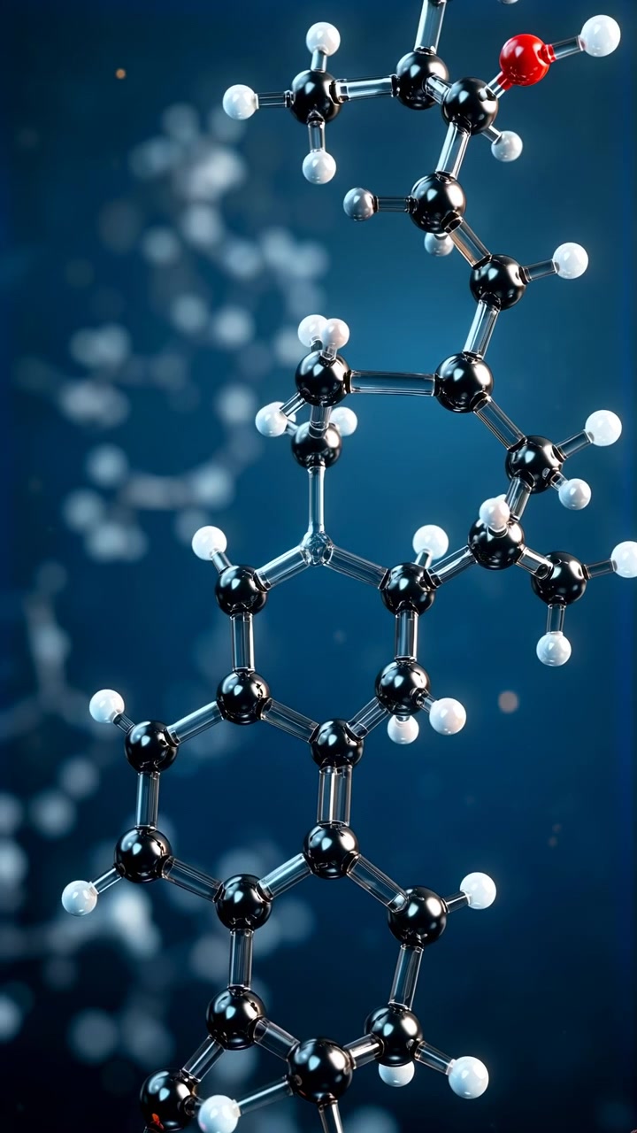 Close-up vertical view of glossy molecular chain suspended against soft-focus teal background, showing interconnected black spherical atoms linked by transparent cylindrical bonds and capped by