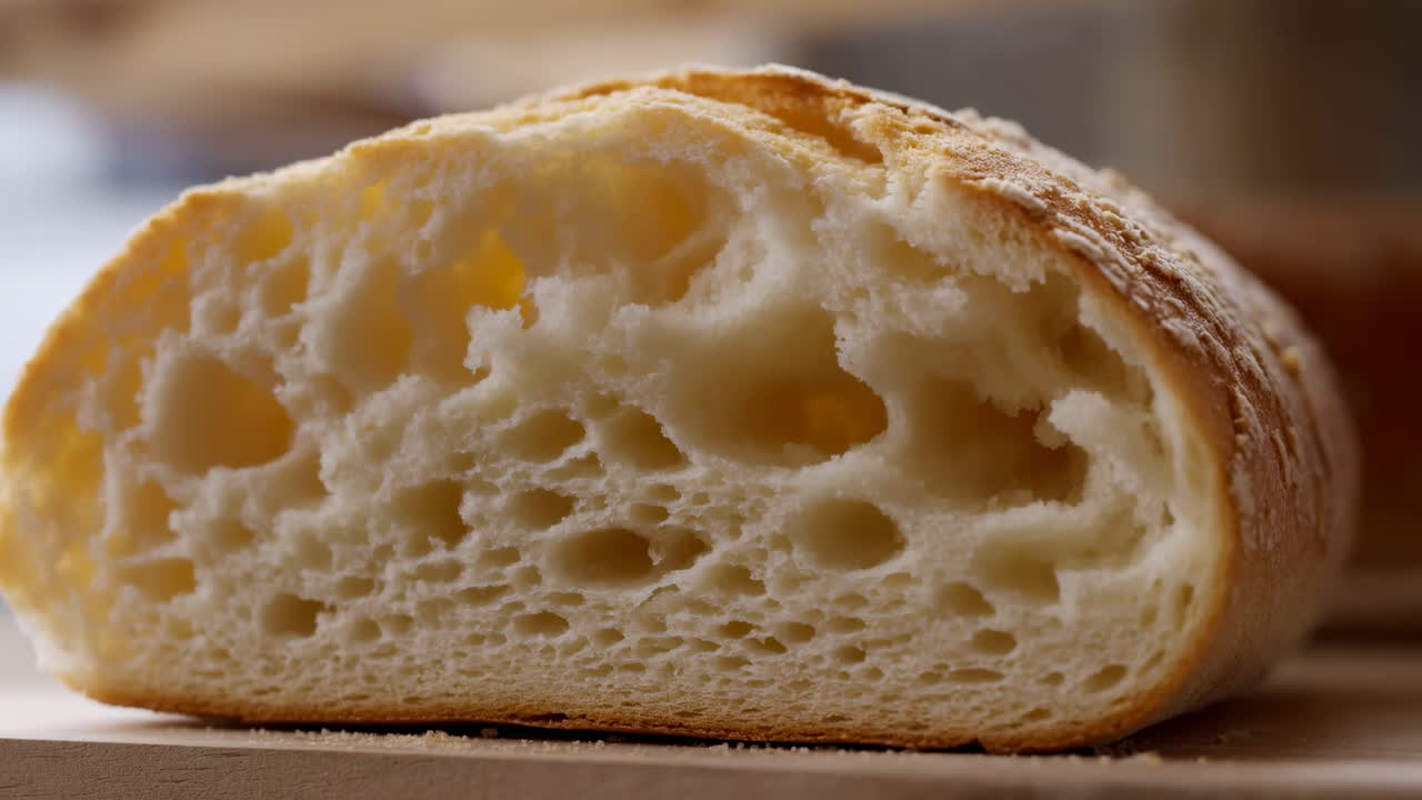Sezione di pane a lievitazione naturale con crosta croccante, che mostra una mollica aerata, primo piano della consistenza della mollica aperta su tagliere di legno, illuminazione ambientale.