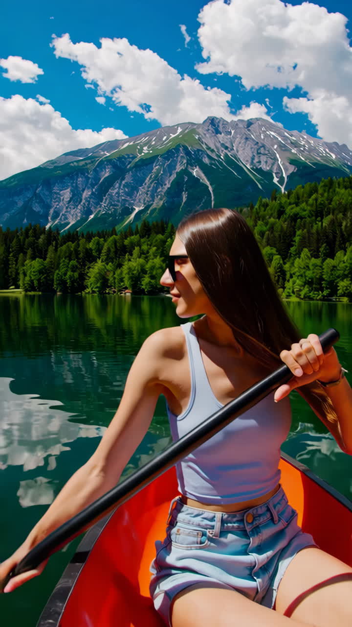 Woman Kayaking on a Scenic Mountain Lake