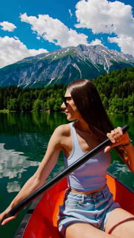 woman kayaking on a scenic mountain lake