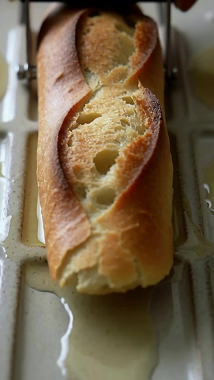 Vertical video: Moving camera over sliced baguette on kitchen tray revealing crust and oil, hinge