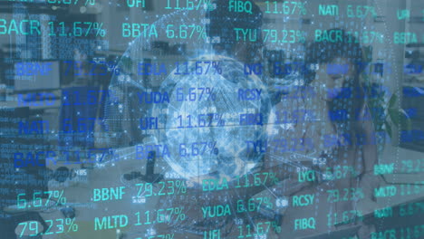 animation of stock market data processing over diverse male and female colleagues discussing