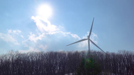 closeup view of the wind power turbine propeller behind trees and bright sun on the cloudy sky in pyeongchang, south korea