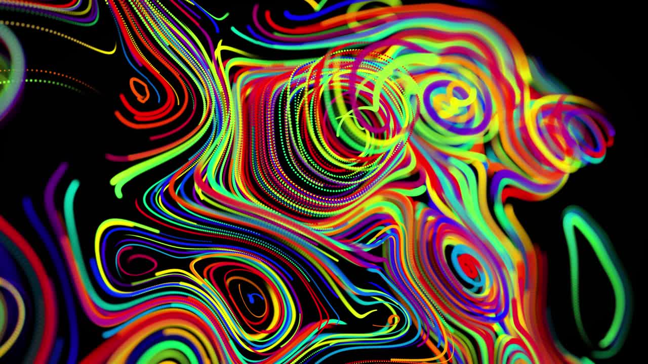 el flujo de partículas forma líneas rizadas como rastros de brillo de diferentes colores, las líneas forman un patrón giratorio como ruido de rizado. abstracto 3d bucle de flujo de animación como fondo festivo creativo brillante
