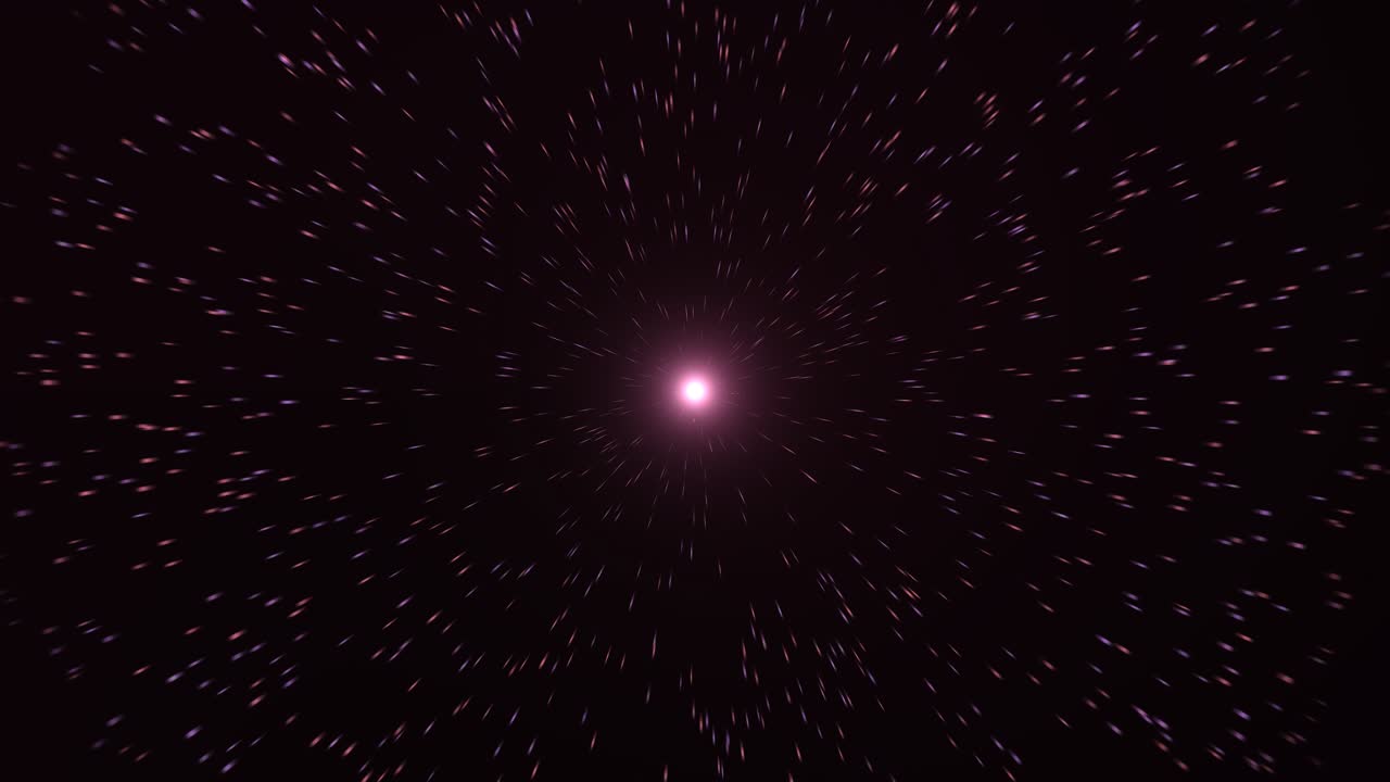 A radiant pinkish-purple orb at center emits a soft glow, surrounded by swirling, star-like particles in shades of pink, purple, and white against a deep black background