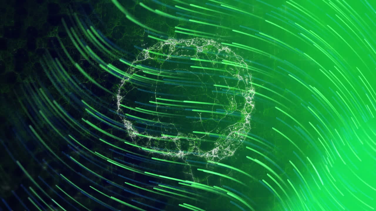 Circular network glowing and light trails sweeping across neon green gradient, in 3D render