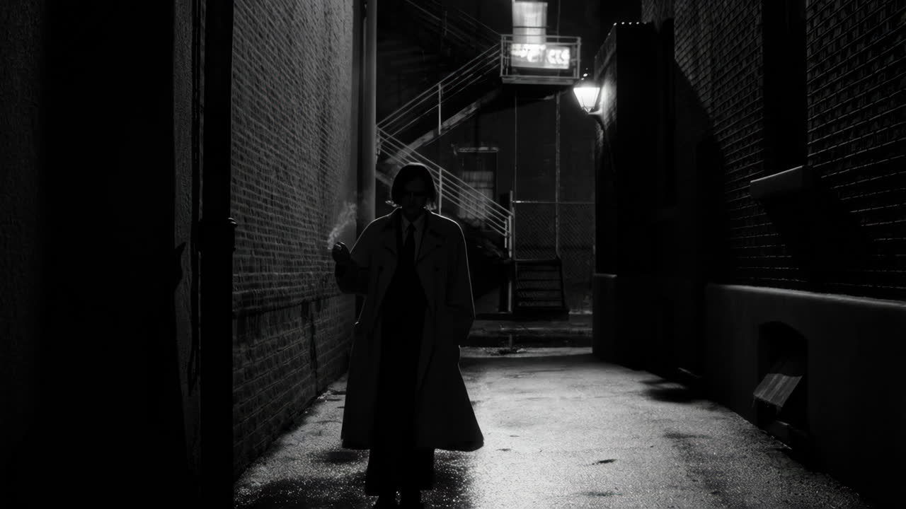 A lone figure walks down a dark alley at night