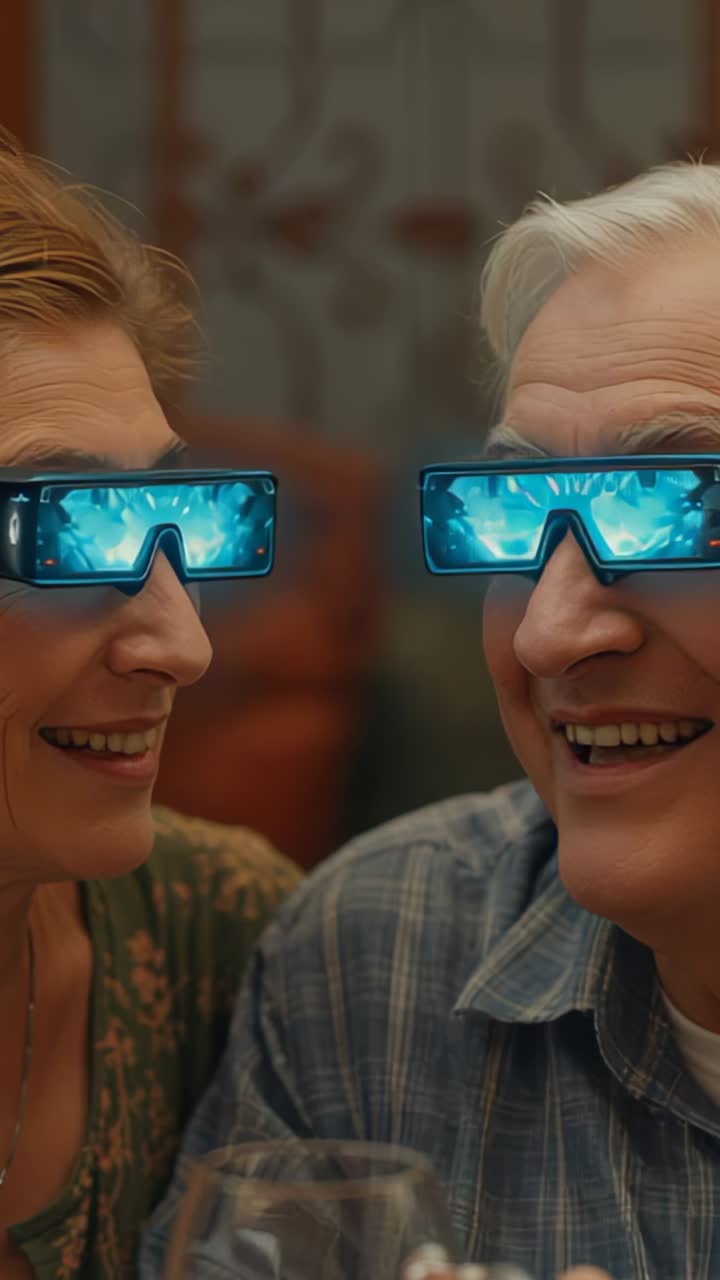 Vertical video: Putting blue AR glasses on, senior couple exploring holograms on couch, wine glass
