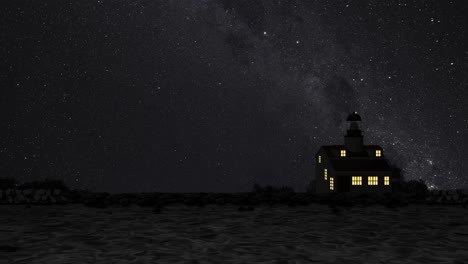 house with lights on against cosmic backdrop