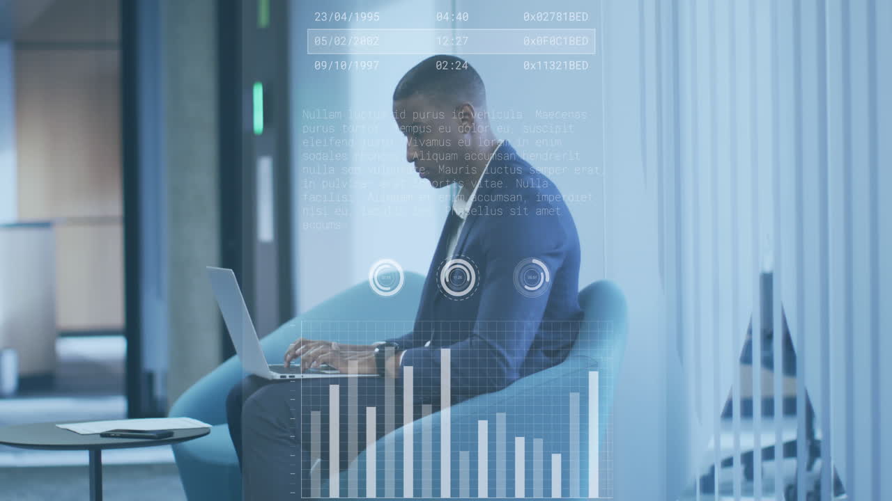 Animation of data processing over african american businessman using laptop