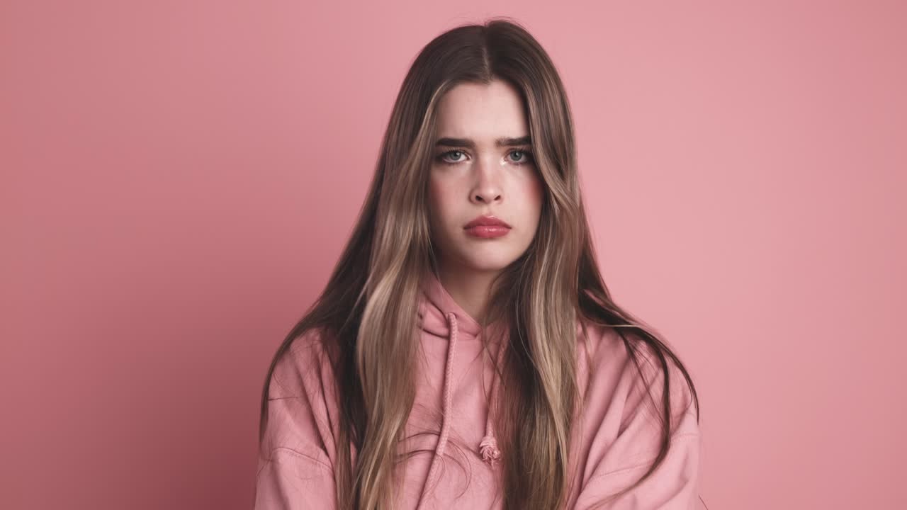 Disappointed young woman moving head sideways in room