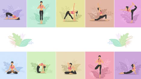 ejercicio de yoga en la naturaleza. colección de personajes de dibujos animados femeninos que demuestran varias posiciones de yoga. colorida animación de bucle plano. relajarse y meditar.