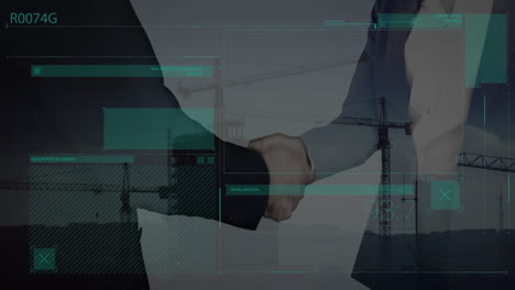 animation of numbers, abstract interface, cranes on buildings, entrepreneurs shaking hands