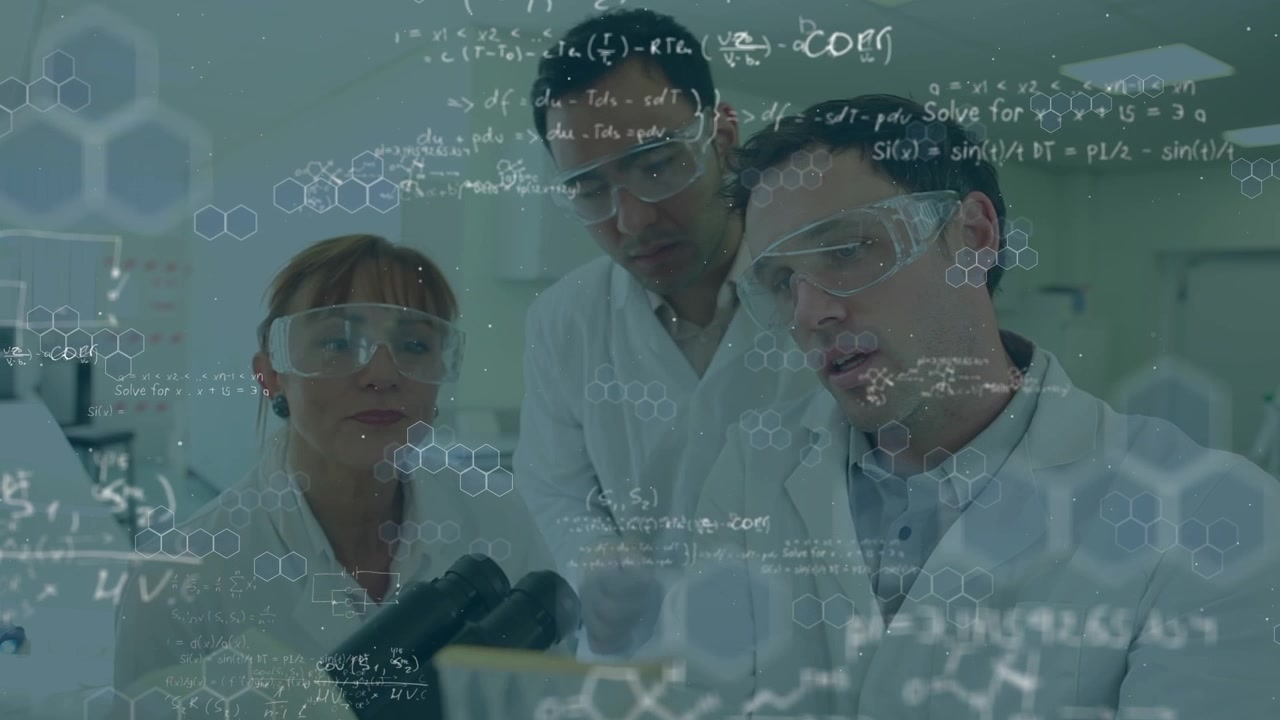 Animação de dados científicos sobre diversos trabalhadores de laboratório, femininos e masculinos
