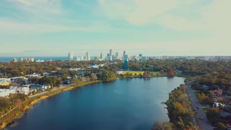 4k aerial video slow dolly of downtown st petersburg from crescent lake park