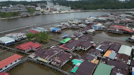 aerial drone shot of the floating villages of kampong ayer in bandar seri bagawan in brunei darussalam