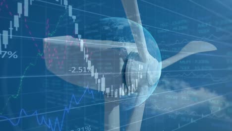 animation of financial data processing and globe over wind turbine