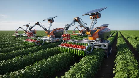 advanced agricultural robots harvesting fresh vegetables: a glimpse into the future of sustainable farming with automated technology in lush green fields