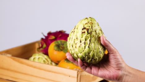 hand selecting custard apple from fruit crate