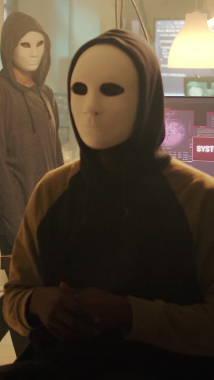 Vertical video: Male spy with anonoymous mask filming live threat video