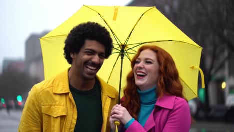 a joyful couple sharing a bright yellow umbrella in a rainy urban setting, radiating happiness and connection with laughter and colorful fashion choices