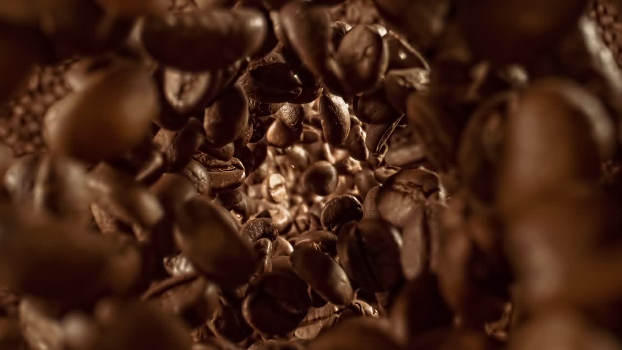Primo piano di semi di caffè. Fragranti chicchi di caffè, super macro, primo piano. Ripresa con telecamera super slow motion a 1000 fps