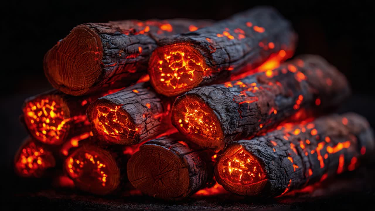 Glowing Embers of Charred Firewood: A Detailed View of Burning Logs with Radiant Heat and Vibrant Colors Emitting from Charcoal, Ideal for Warmth and Cooking