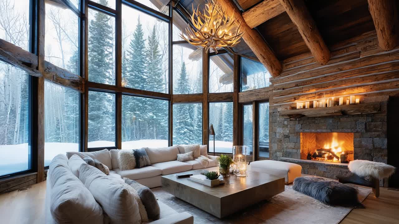 Cozy Winter Retreat: A Stunning Modern Living Room with Expansive Windows Overlooking Snowy Trees, Featuring Rustic Logs, Elegant Furnishings, and a Warm Fireplace, Perfect for Relaxing Evenings and Gatherings