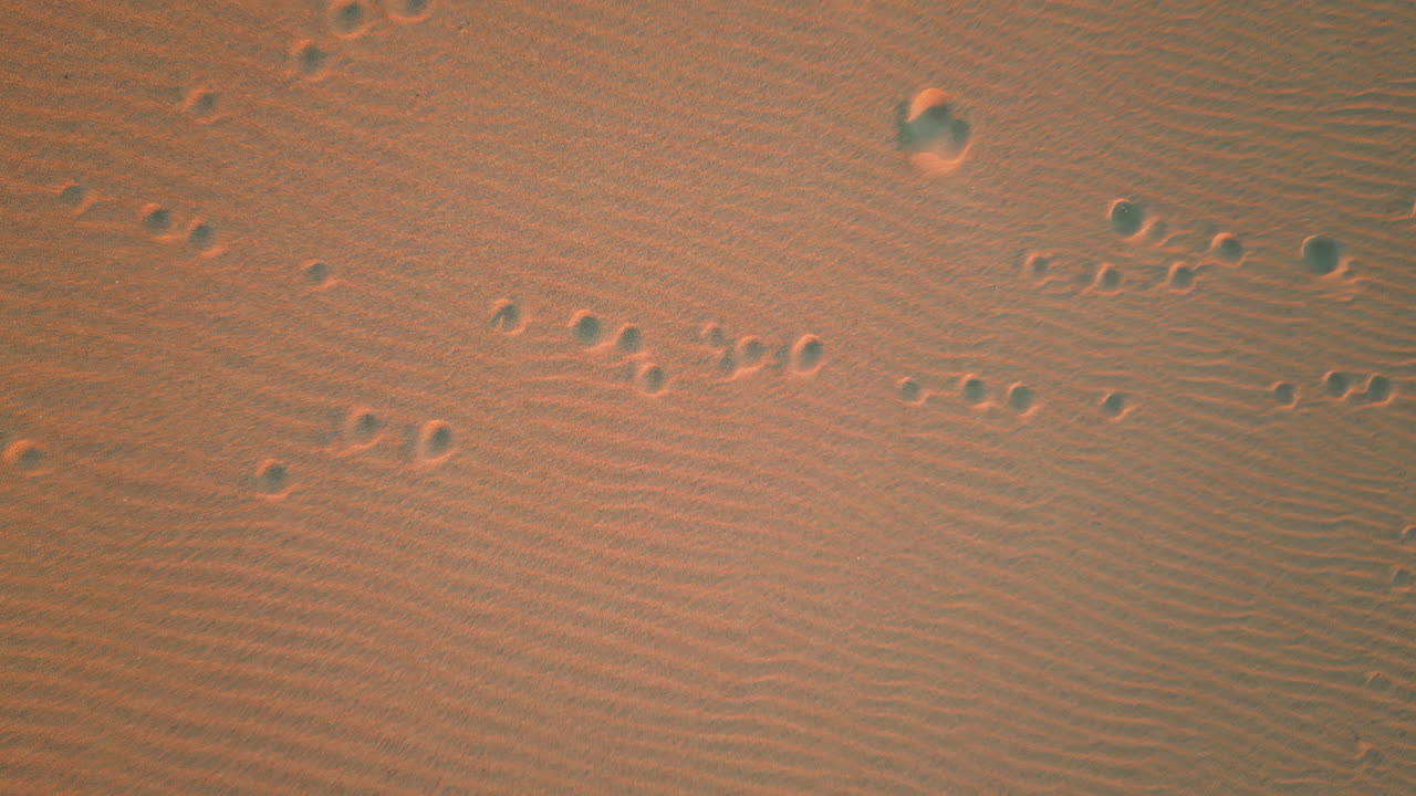 Sand dune footprints drone view on dusk. Nature texture in golden sunset light
