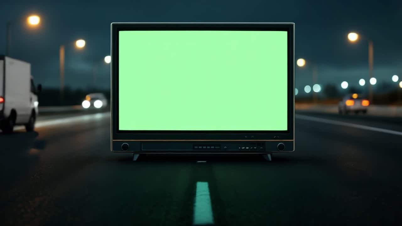 Vintage television showing green chroma key on a dark road at night, with cars passing by, perfect for advertising or broadcasting