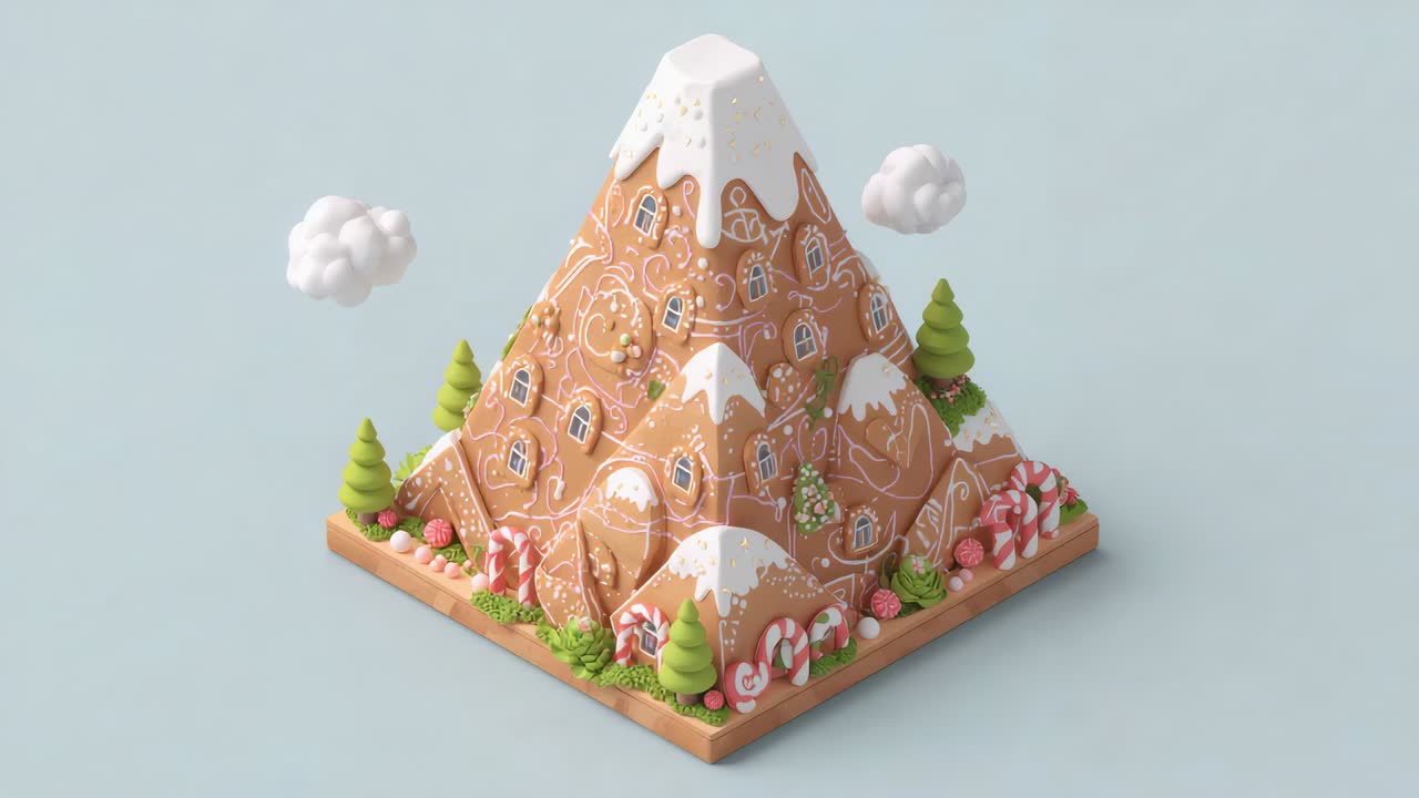 Roterande kamera som cirklar runt pepparkaksdiorama på bas i studio, som visar glasyrfönster och godis