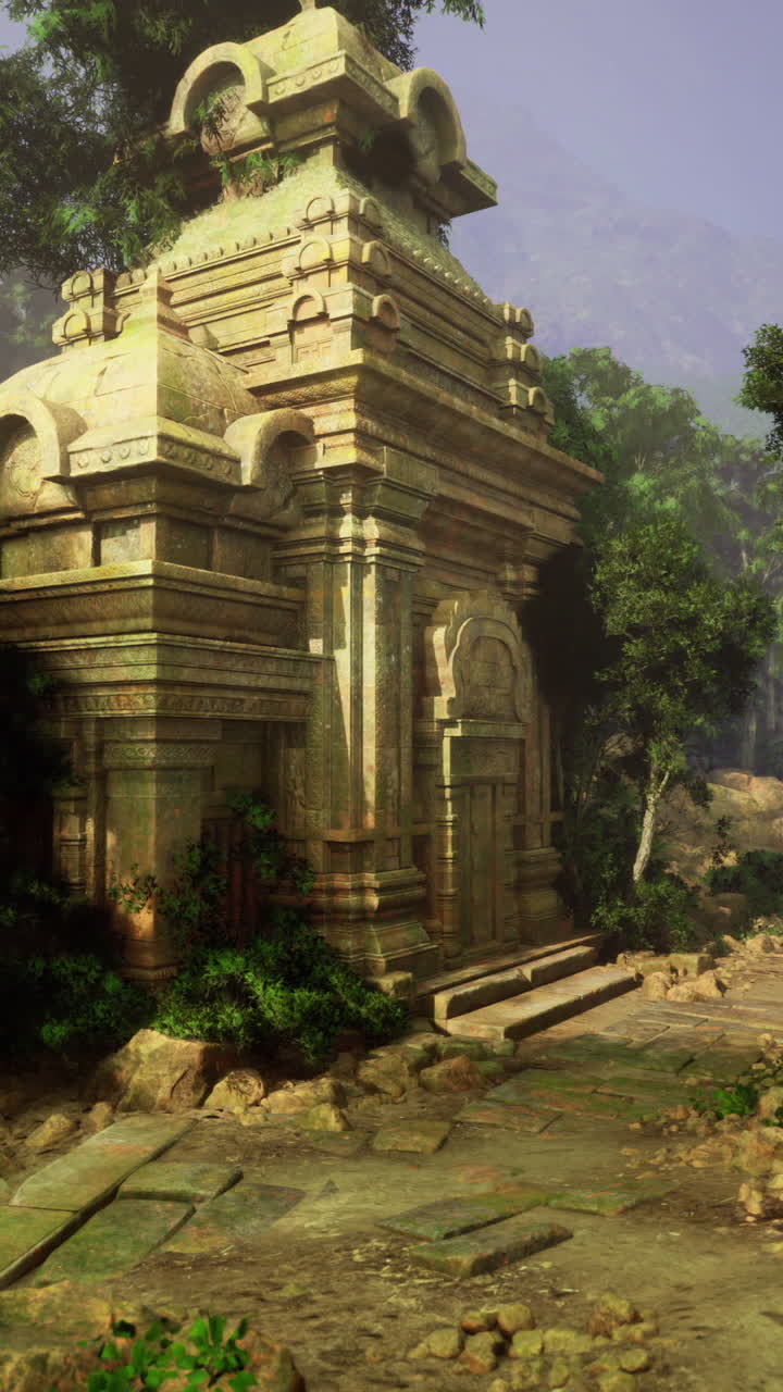 Ancient stone structure surrounded by lush jungle and rocky pathway