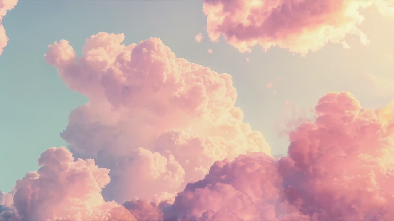 A dreamy, pastel-colored sky with fluffy pink clouds, captured from a low angle