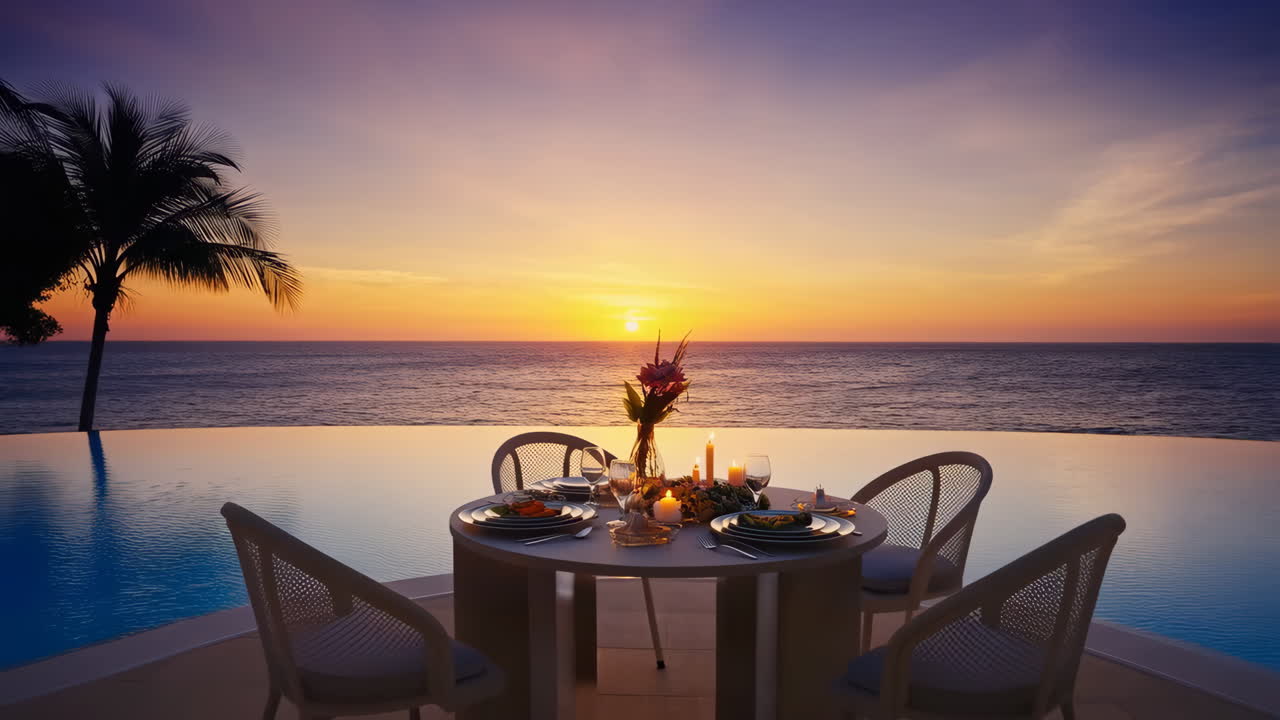 Romantic Sunset Dinner by an Infinity Pool Overlooking the Ocean