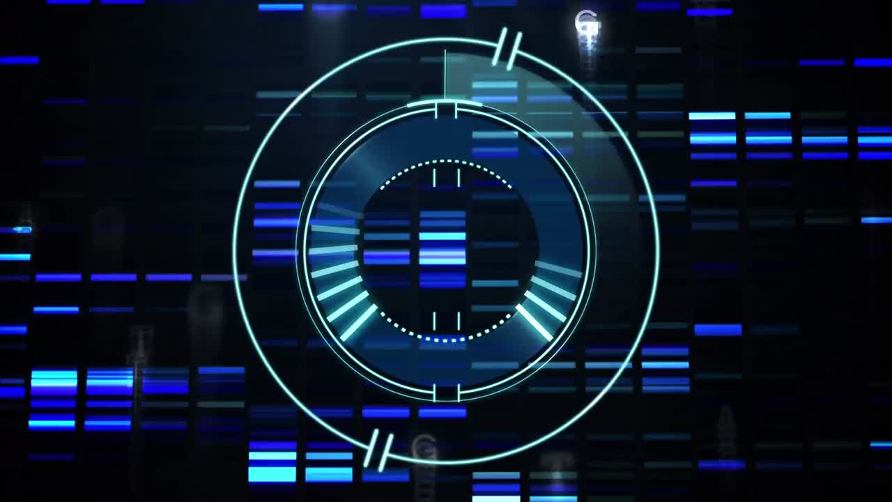Animation of safe lock rotating, over blue lights and data processing on black