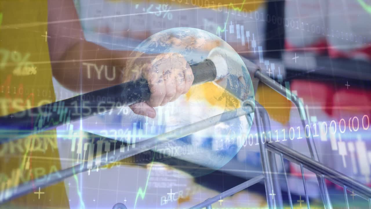 상점에서 쇼핑 카트를 들고 있는 손에 대한 데이터 처리 애니메이션